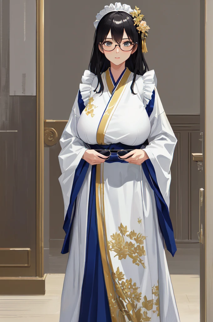 {{masterpiece}},high quality, 4K, 2D, 1 girl,{simple gray background},(attractive mature lady:1.6),milf,standing,sagging breasts,(gigantic breasts:1.5),kimono maid,front face,{{tareme}},attractive mature lady,black hair, {from right in front of face and body},View viewers from front,{front facing shot},Wear glasses,(serious:0.1)