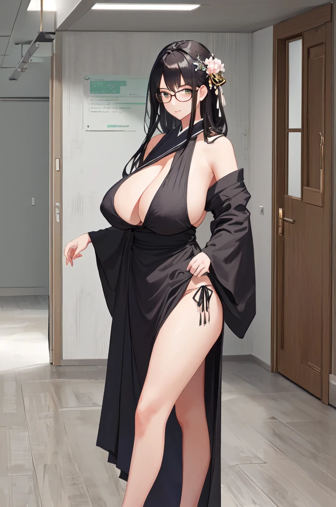 {{masterpiece}},high quality, 4K, 2D, 1 girl,{simple gray background},(attractive mature lady:1.6),milf,standing,sagging breasts,(gigantic breasts:1.5),kimono maid,front face,{{tareme}},attractive mature lady,black hair, {from right in front of face and body},View viewers from front,{front facing shot},Wear glasses,(serious:0.1)