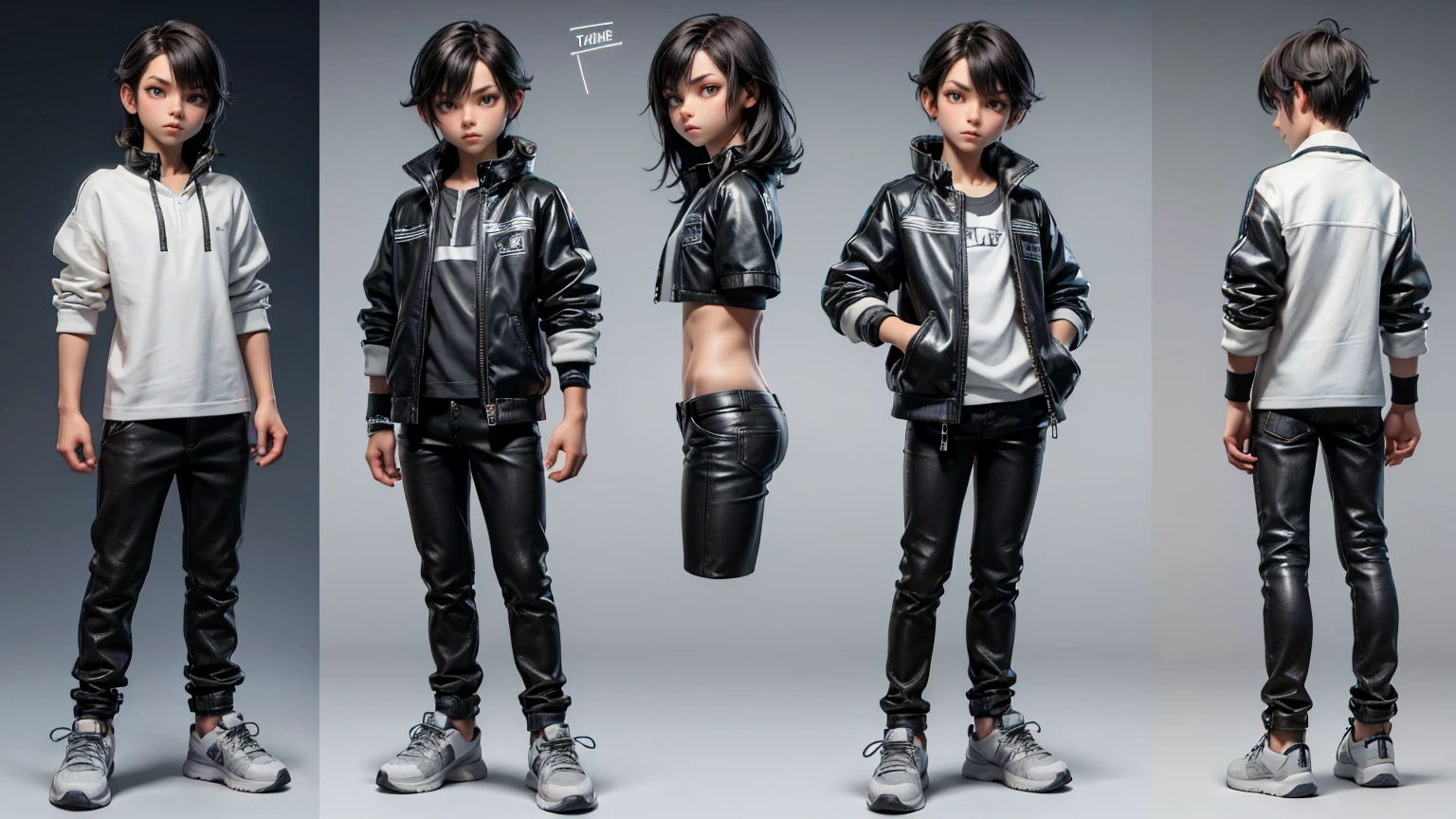 cute face boy, cute face, short height boy, wearing casual futuristic grey color pent, full standing pose, French style hairs, black French style hair, sports shoes, Character Sheet, , Full body, Simple white background, front pose character reference sheet, Concept art, design shee
