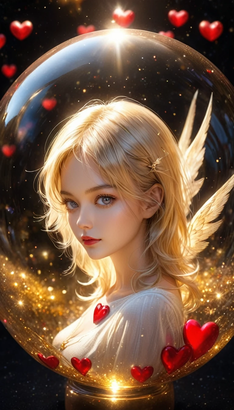 In a golden transparent glass bubble, Dark Star Background, Beautiful blonde 30 year old angel with a red heart, k resolution super detailed