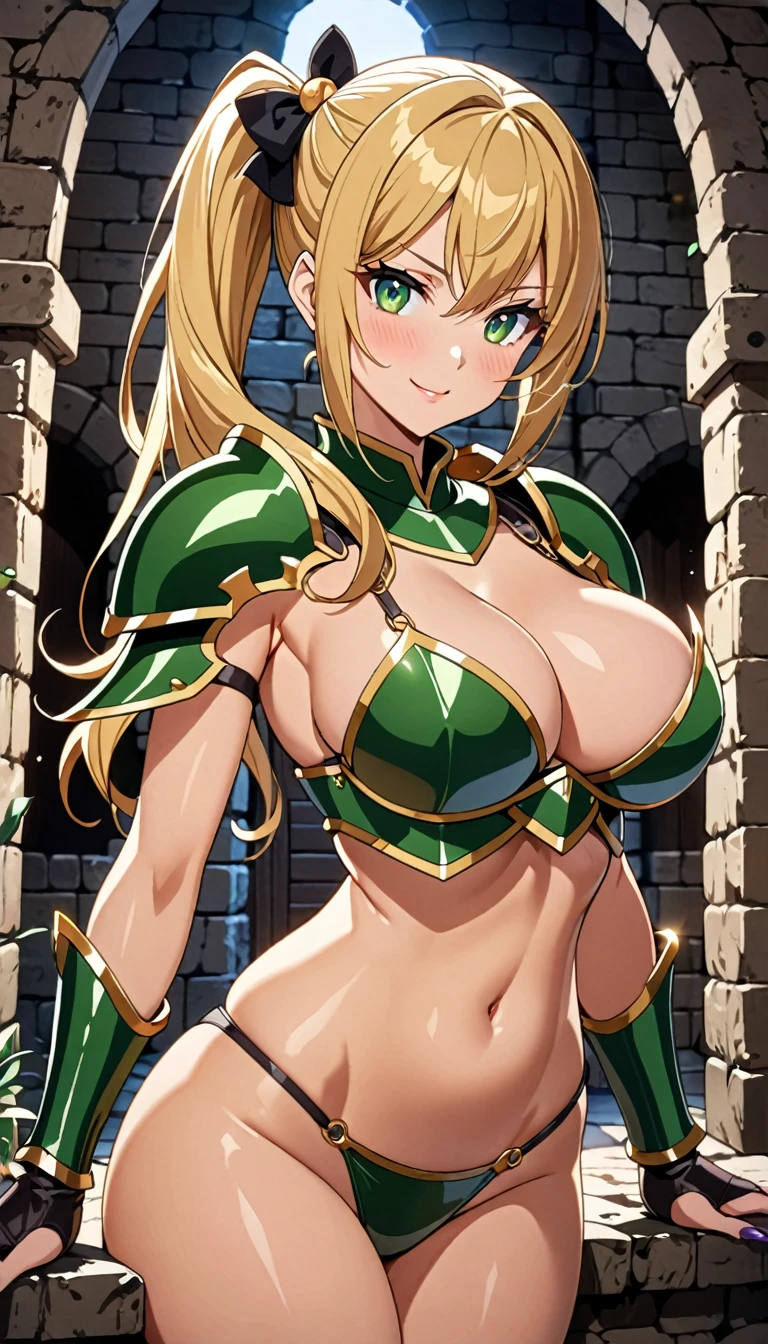 ((masterpiece)), ((high quality)), ((super detailed)), ((high resolution)) ,((8k)), a beautiful woman, ((She is one of the most famous female Thief)), unparalleled beauty, ((huge breast:1.2)), ((large ass)), ((deep cleavage)), slim waist, chest out, ultra detailed face, perfect skin, (((Blonde hair in a side ponytail))), Green eyes,  detailed eyes, whole body image, (((anime))), ((glamorous)), 24 years old, ((incredibly beautiful woman)), ((The G cup bust)),  ((((Bikini Armor, Light clothing)))),  ((beautiful breasts)), beautiful legs, 8 life size, anime, the most beautiful, ((charm)), ((Grown-up face)), ((Perfect fingers)), ((Bewitching)), ((heroine)), ((Inside the dungeon, Adventurer, explore)), Dazzling Smile, ((erotic)),