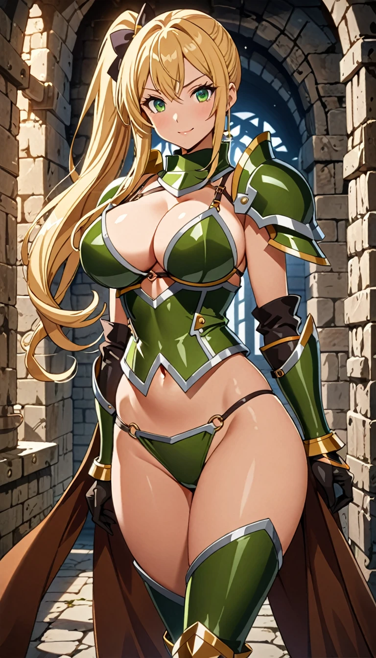 ((masterpiece)), ((high quality)), ((super detailed)), ((high resolution)) ,((8k)), a beautiful woman, ((She is one of the most famous female Thief)), unparalleled beauty, ((huge breast:1.2)), ((large ass)), ((deep cleavage)), slim waist, chest out, ultra detailed face, perfect skin, (((Blonde hair in a side ponytail))), Green eyes, detailed eyes, whole body image, (((anime))), ((glamorous)), 24 years old, ((incredibly beautiful woman)), ((The G cup bust)), ((((Bikini Armor, Light clothing)))), ((beautiful breasts)), beautiful legs, 8 life size, anime, the most beautiful, ((charm)), ((Grown-up face)), ((Perfect fingers)), ((Bewitching)), ((heroine)), ((Inside the dungeon, Adventurer, explore)), Dazzling Smile, ((erotic)),