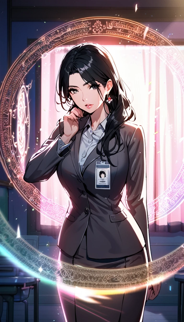 1woman,matured face,curtain hair forehead(long black hair),eyes,black eyes,teacher,teacher outfit, beautiful, colourful classroom background,standing attentive pose, neutral,stoic,facing the viewer,wearing an ID card,earrings,juicy full lips,magic circle in the background, cinematic lighting,