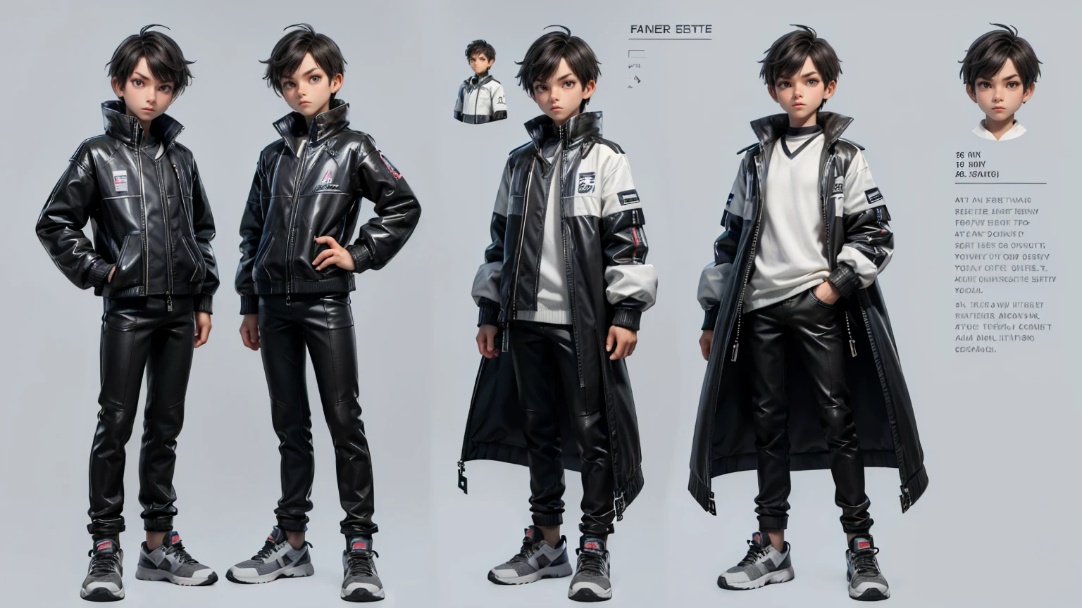 cute face boy, cute face, short height boy, wearing casual futuristic grey color pent, full standing pose, French style hairs, black French style hair, sports shoes, Character Sheet, 12 yo student, Full body, Simple white background, front pose character reference sheet, Concept art, design sheet