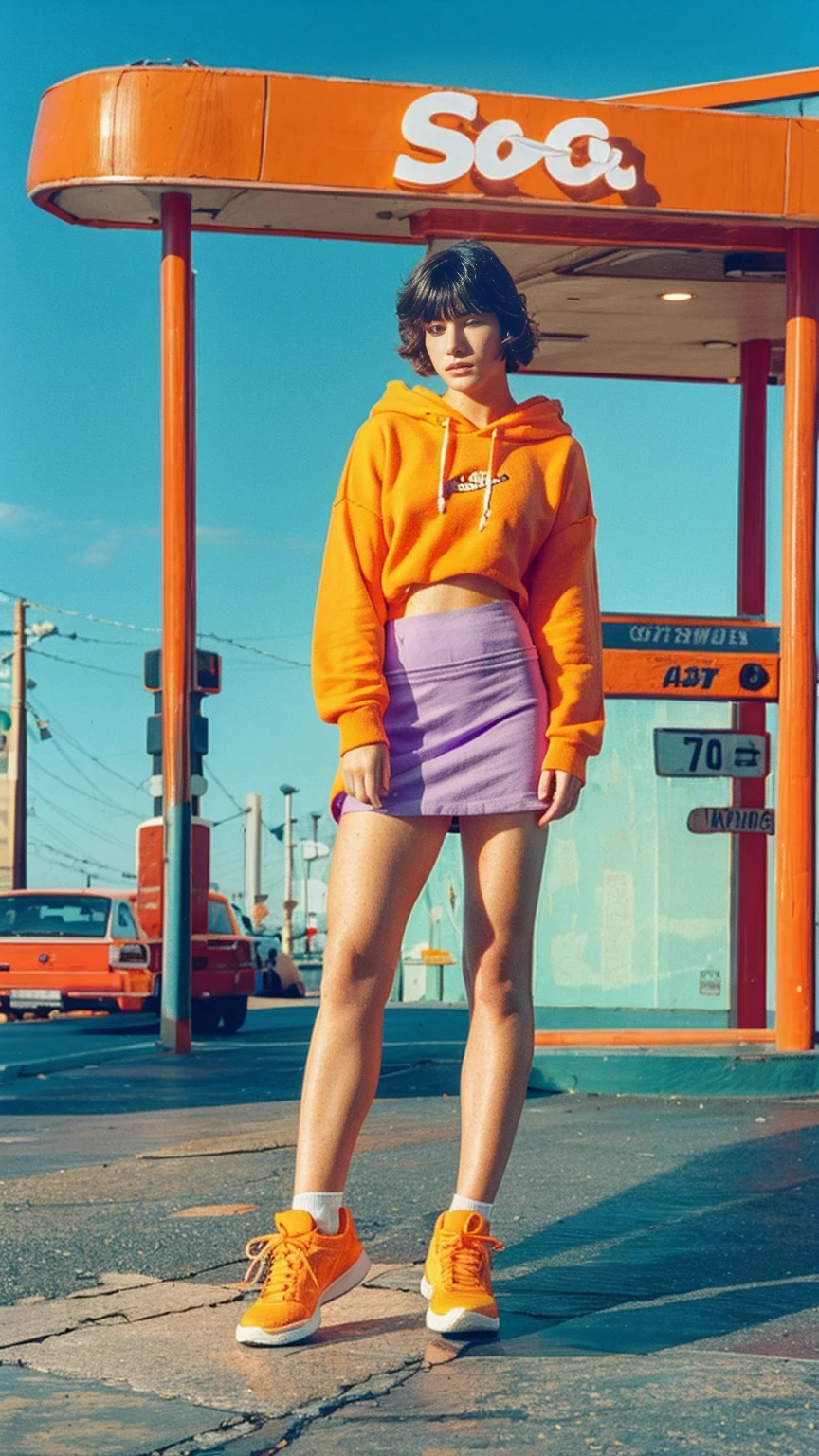 (medium shot portrait) one of cute body goal 23 yo girl ,perfect natural breast ,wear ((orange color oversized_hoodie)), wear ((purple tennis skirt)),looking front,Best Quality,Masterpiece,Ultra High Resolution,(Realisticity:1.4),Original Photo, 1Girl, light leak,ultra high resolution,UHD,beautiful, (black straight hair), almond eye, no makeup, in front of ((80's los angels colorful gas station)), (realistic:1.2), (surreal:1.3), (very detailed:1.1), ((masterpiece)),summer, blue sky, palm trees,sunny, los angles vibes,film camera, 800mm lens,style of Philip Lorca diCorcia