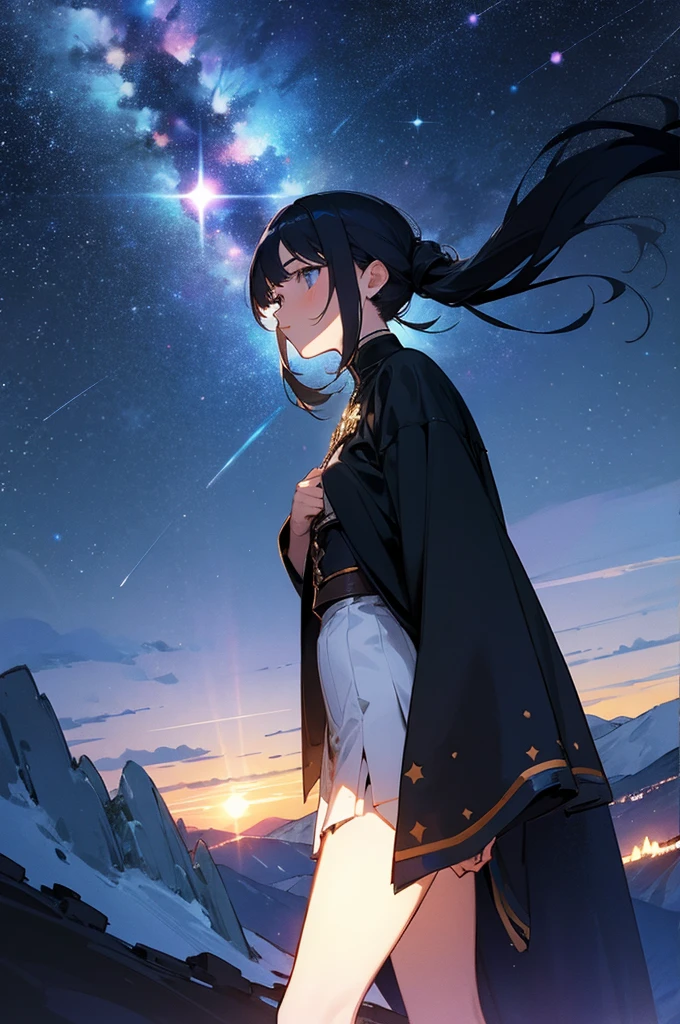 Beautiful girl, At the top of the mountain, Night view, Night Sky, Starry Sky