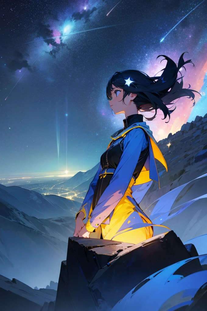 Beautiful girl, At the top of the mountain, Night view, Night Sky, Starry Sky