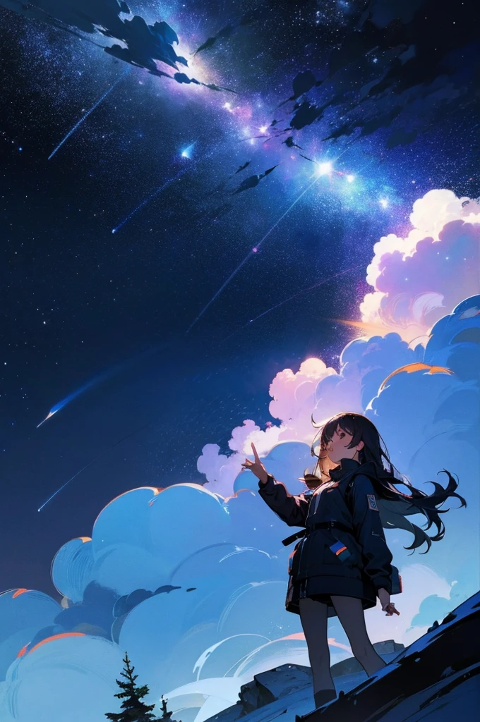 Beautiful girl, At the top of the mountain, Night view, Night Sky, Starry Sky