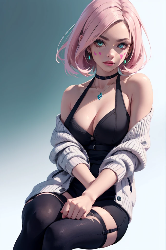 Girl with long black and light pink gradient hair, blue eyes, She was wearing a black halter dress and a light pink cardigan., Wearing black high top Converse, Beautiful and realistic 2D animations, Light sage green, Pure white background, Fortnite investigates skin art style, Bold art style, Ganlu Temple Mitsuri Theme 