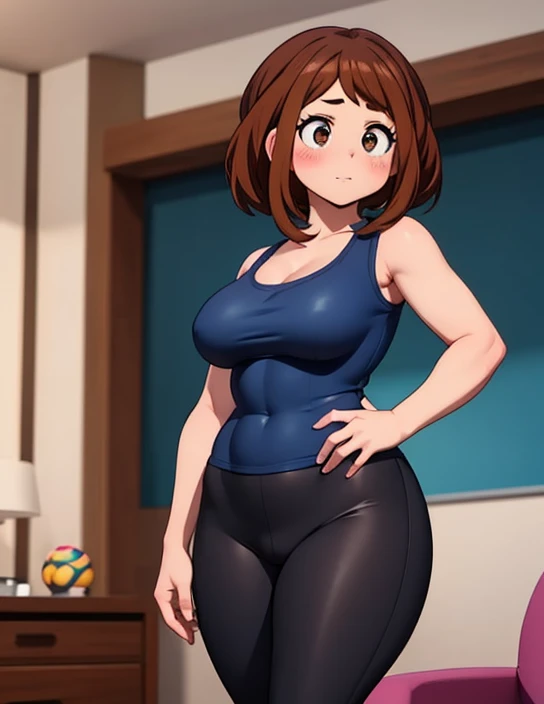 1girl, solo, Imagine Ochaco Uraraka being a 45 year old mother, MILF, brown hair, brown eyes, blush stickers, short hair, Mature Face, brown hair, brown eyes, blush stickers, short hair, medium breasts, curvy female, thick thighs, curvy body, curvaceous belly, round belly, muffin-top, love handles, chubby, ((Wearing: dark blue shirt, black leggings and white heeled boots)), indoors, detailed background, living room, wide shot, (Standing:1.2)