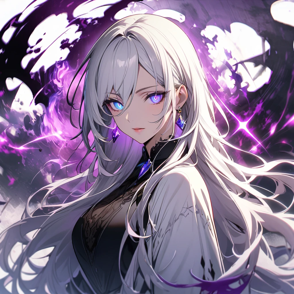 woman, blue eyes, long hair, white hair, mature, god eyes, diamond earings, glowing right eyes, two colors eyes, purple eyes,  dark aura, 