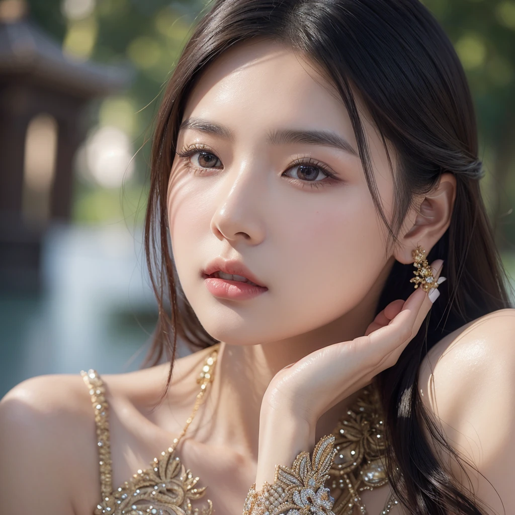 beautiful young asian woman, 1girl, detailed facial features, beautiful eyes, long eyelashes, flawless skin, detailed lips, elegant pose, graceful expression, natural lighting, cinematic, intricate details, masterpiece, photorealistic, hyperrealistic, 8k, high quality, digital art, concept art, ethereal, serene, tranquil atmosphere