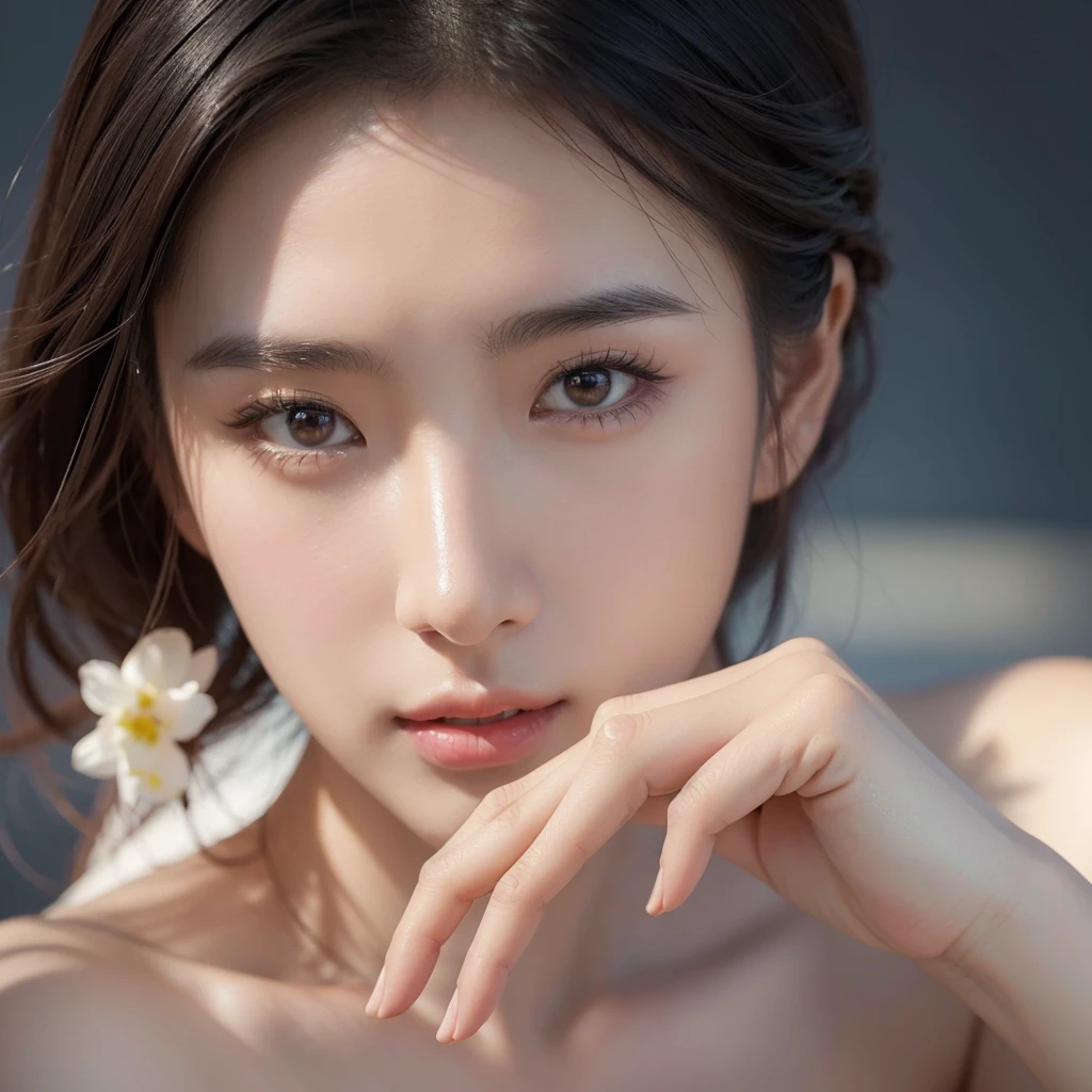 beautiful young asian woman, 1girl, detailed facial features, beautiful eyes, long eyelashes, flawless skin, detailed lips, elegant pose, graceful expression, natural lighting, cinematic, intricate details, masterpiece, photorealistic, hyperrealistic, 8k, high quality, digital art, concept art, ethereal, serene, tranquil atmosphere