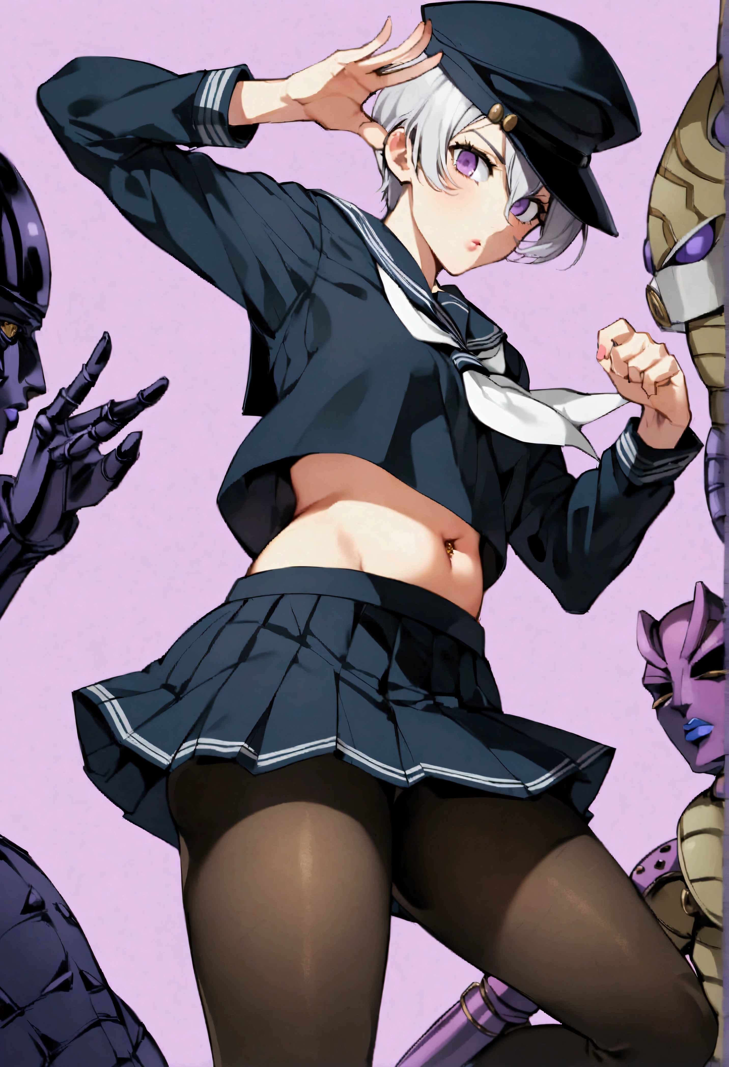 score_9、score_8_up、score_7_up、source_アニメ、Athena、white-gray hair、Purple Eyes、1 personの女の子、solo、hat、short hair、、pantyhose、Pleated skirt、tie、Sailor suit、abdomen、Black Skirt、Sailor collar、Black Shirt、黒いSailor collar、(黒いSailor suit:1.2)、belly button、1 person、((stand_\(jojo\)、stand (jojo)))、duo、Jojo Pose