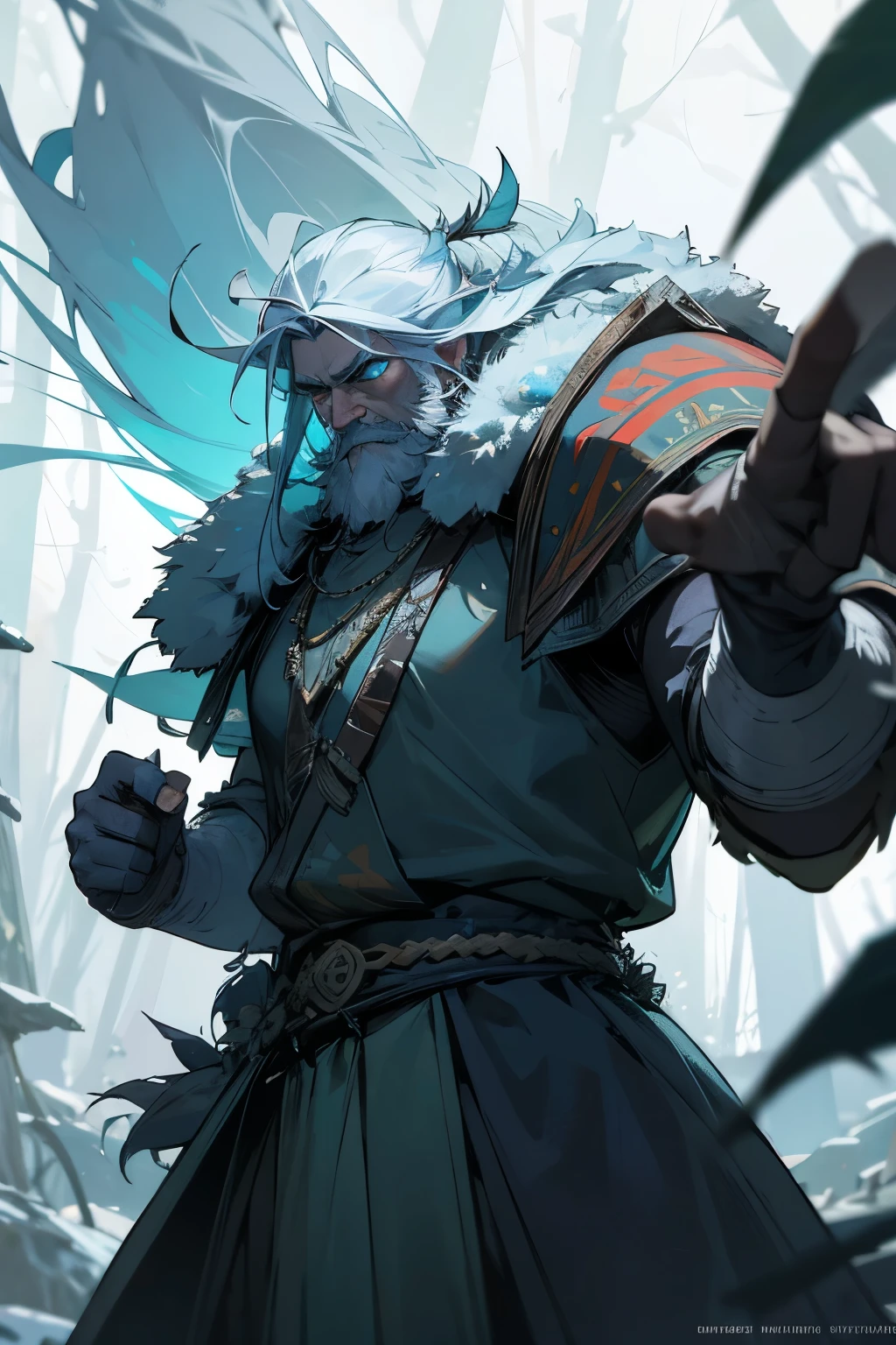 In a dense forest, a towering warchief stands proud, surrounded by thick foliage and towering trees that seem to lean in, as if drawn to their commanding presence. Tribal markings adorn their rugged features, while animal furs wrap around them like a badge of honor. The warchief's dominant hand holds an intricately crafted ice club, its frosty surface glinting in the crisp air. Frost clings to nearby plants, and a cold breeze carries the scent of winter. The warchief's piercing eyes reflect their mastery of ice magic, while their relaxed yet powerful stance conveys a sense of approachability and readiness to aid others. Their reliance on body language is palpable, exuding natural power and fierce determination.