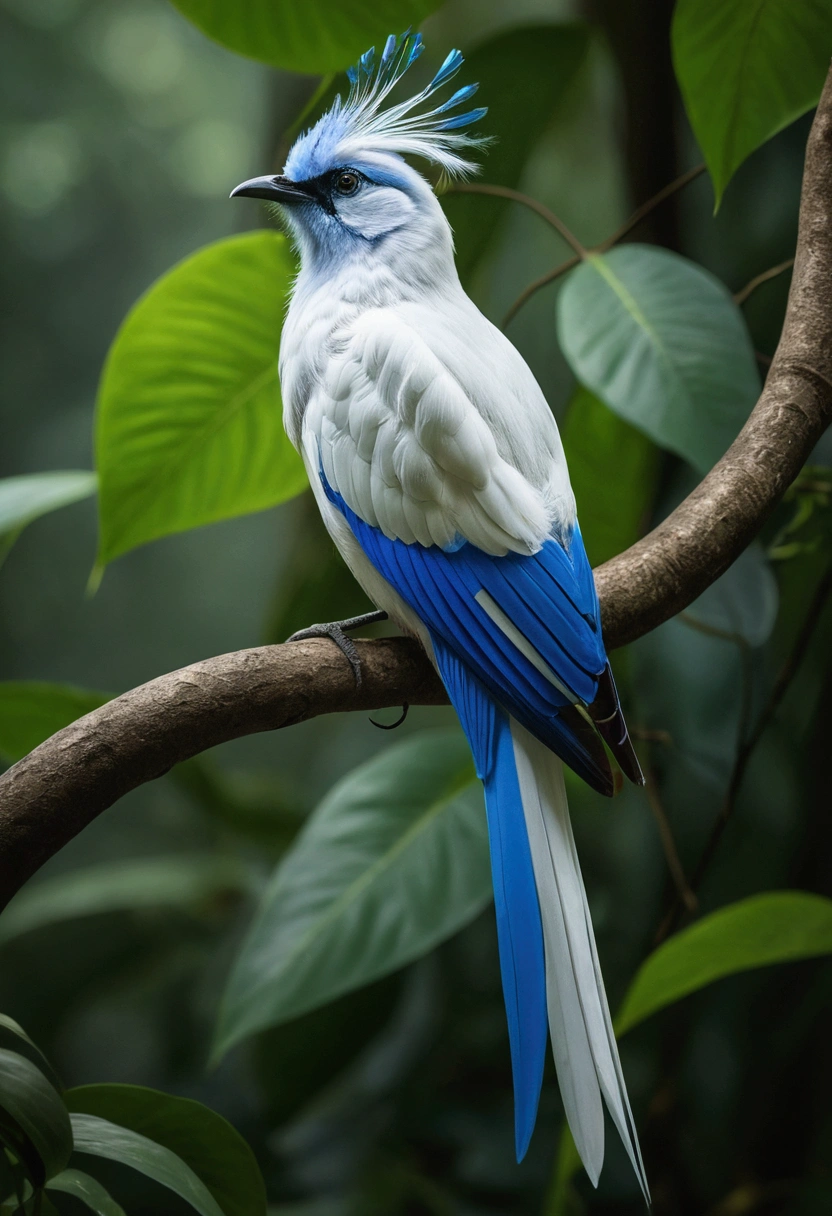 there is a large white blue bird with stripes sitting on a branch with tail, rare bird in the jungle, long tail, very beautiful and elegant, beautiful and elegant, long and elegant tail, captured on canon eos r 6, long tail with, beautiful and graceful, long tails, by Sudip Roy, mischievous look, sitting on a curly branch, high quality nature photography