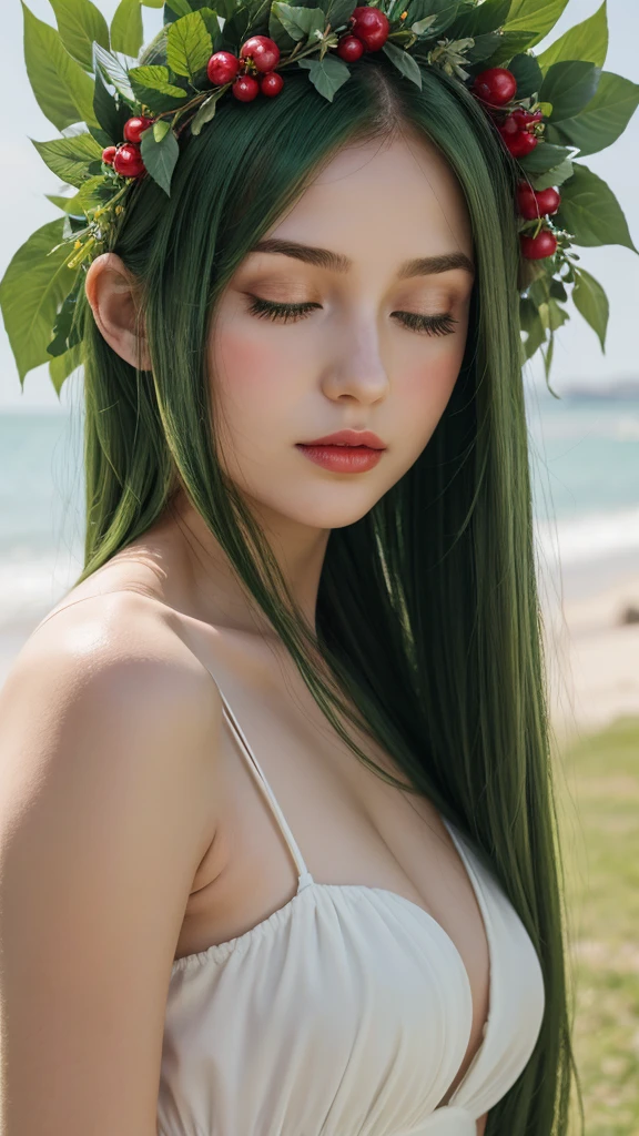 a girl.  face sent feeling.  Europe.  Oval face.  long face.  delicate facial features.  half-closed eyes.  seductively seductive.  green eyes.  Red lips.  long straight hair.  green hair.  wreath on head.  shy.  big body.  simple white dress.