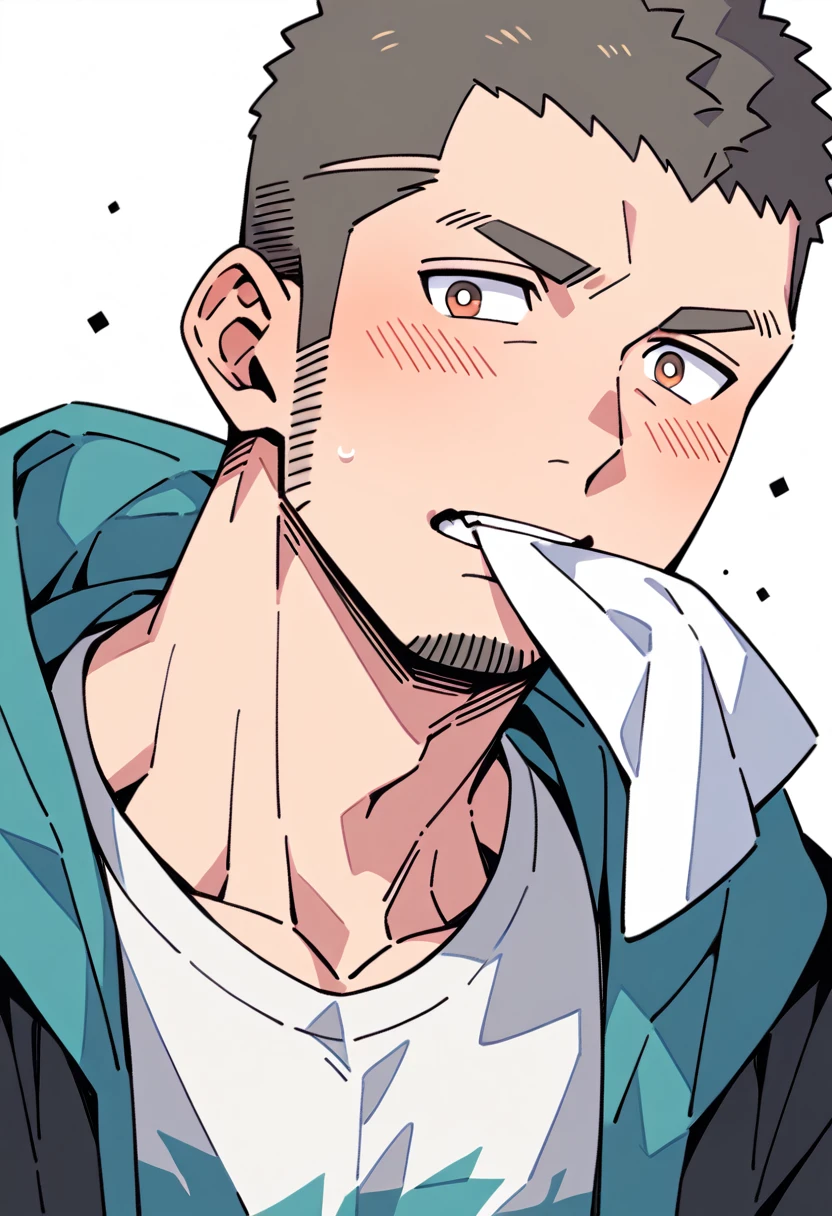 anime characters：Priapus, Muscle Sports Student, Buzz Cut, Manliness, male focus, Sports tight hooded sweatshirt, Very tight, full and perky chest muscles, muscular male, muscular, only, Upper body, alone, Black short hair, Thick eyebrows, stubble, Brown-red pupils, White background, simple background, amazing quality, best aesthetics, Ridiculous, crew cut, blush, mouth hold, Mouth biting a white towel, embarrassed, shy, endured face, negative space, best quality