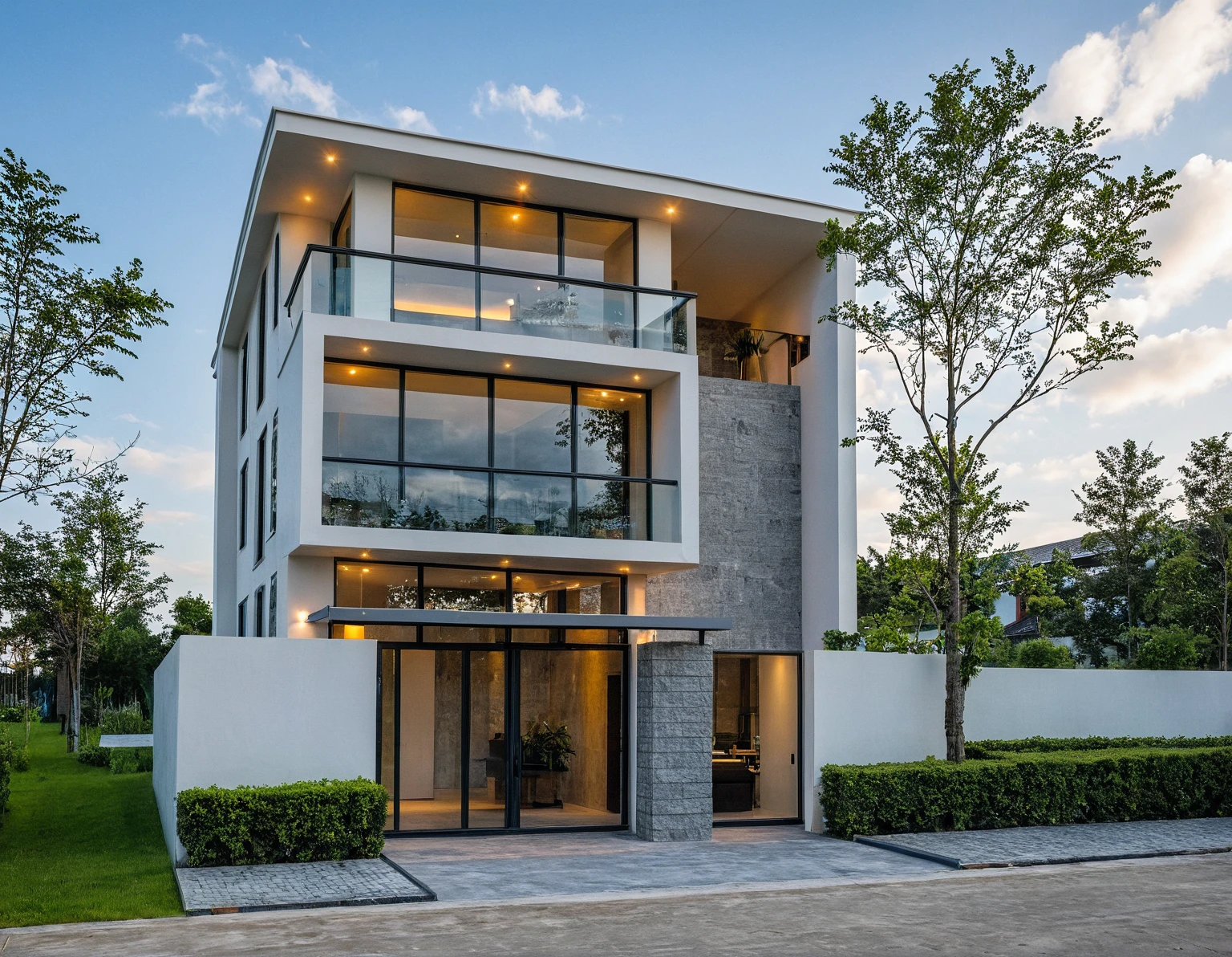 Masterpiece, high quality, best quality, authentic, super detail, outdoors, onestoreyvillaXL, aiaigroup, house style modern on the street ,stairs, white wall ,road,pavement, grass, trees, sky, cloud, (daylight:1.1)
