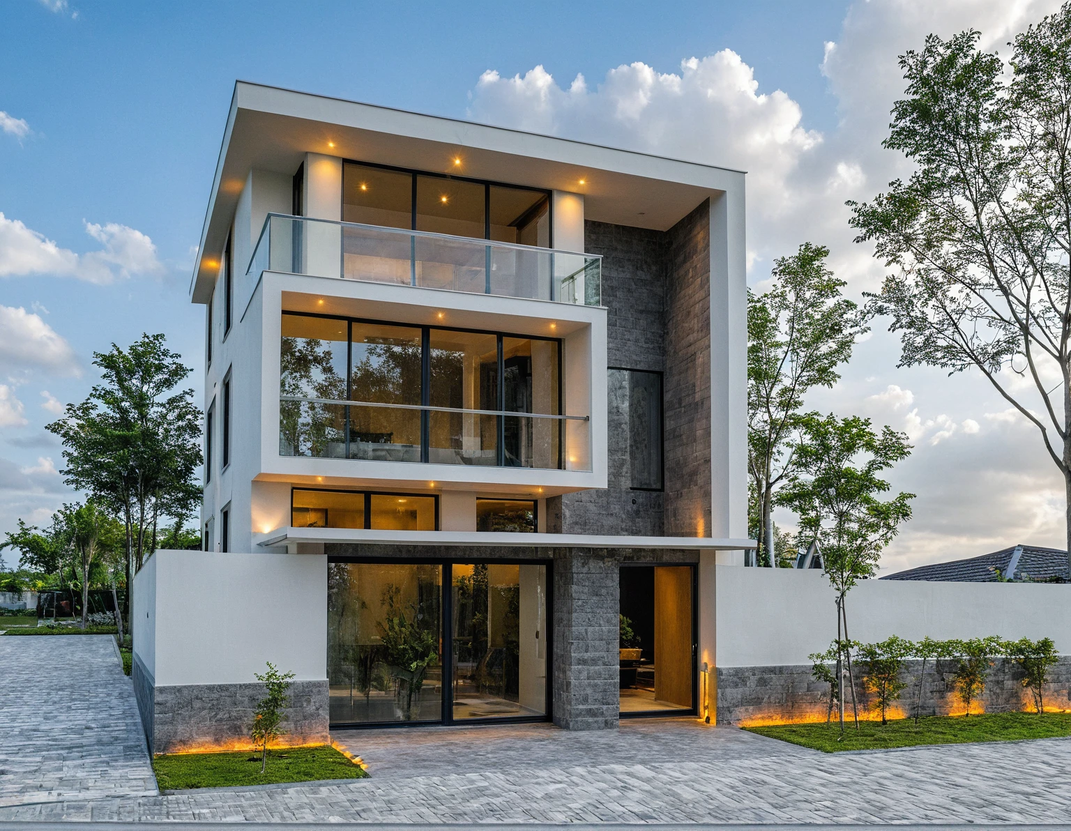 Masterpiece, high quality, best quality, authentic, super detail, outdoors, onestoreyvillaXL, aiaigroup, house style modern on the street ,stairs, white wall ,road,pavement, grass, trees, sky, cloud, (daylight:1.1)
