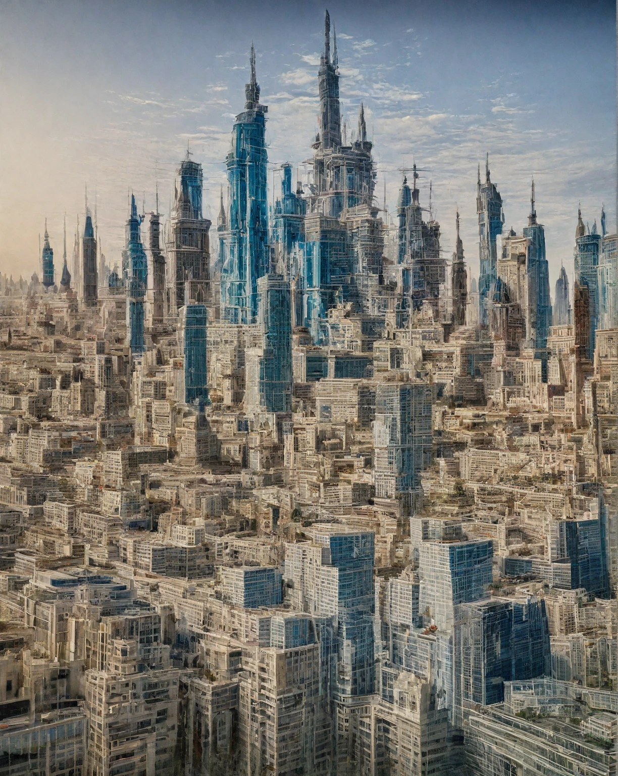 there is a drawing of a city with a clock tower, insanely highly detailed artwork, realistic painting of a complex, complex layered composition!!, expansive detailed layered city, realistic intricate concept art, big and structured valhalla city, multi layered huge architectures, insanely detailed art, atelier olschinsky, intricate cyberpunk city, intricate matte painting, intricate concept art