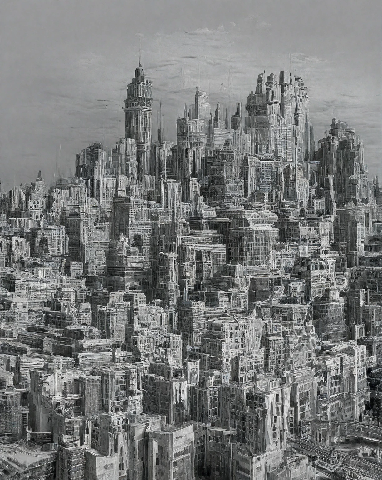 there is a drawing of a city with a clock tower, insanely highly detailed artwork, realistic painting of a complex, complex layered composition!!, expansive detailed layered city, realistic intricate concept art, big and structured valhalla city, multi layered huge architectures, insanely detailed art, atelier olschinsky, intricate cyberpunk city, intricate matte painting, intricate concept art