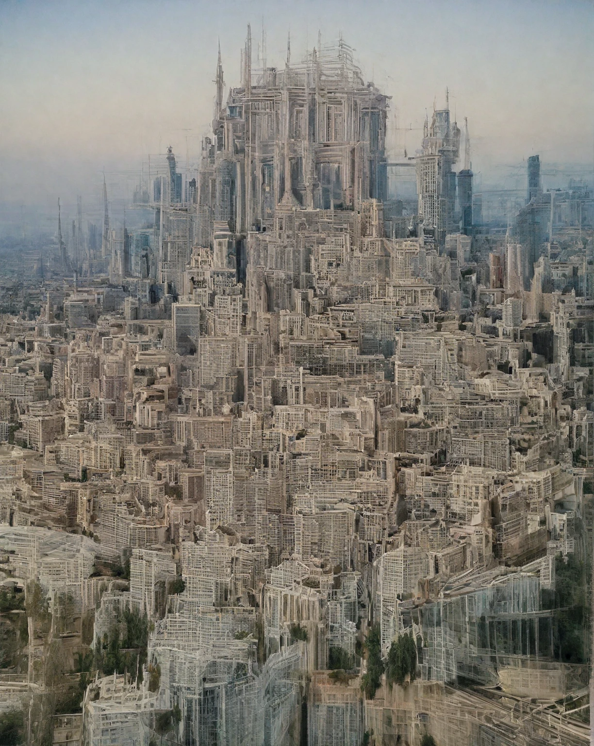 there is a drawing of a city with a clock tower, insanely highly detailed artwork, realistic painting of a complex, complex layered composition!!, expansive detailed layered city, realistic intricate concept art, big and structured valhalla city, multi layered huge architectures, insanely detailed art, atelier olschinsky, intricate cyberpunk city, intricate matte painting, intricate concept art