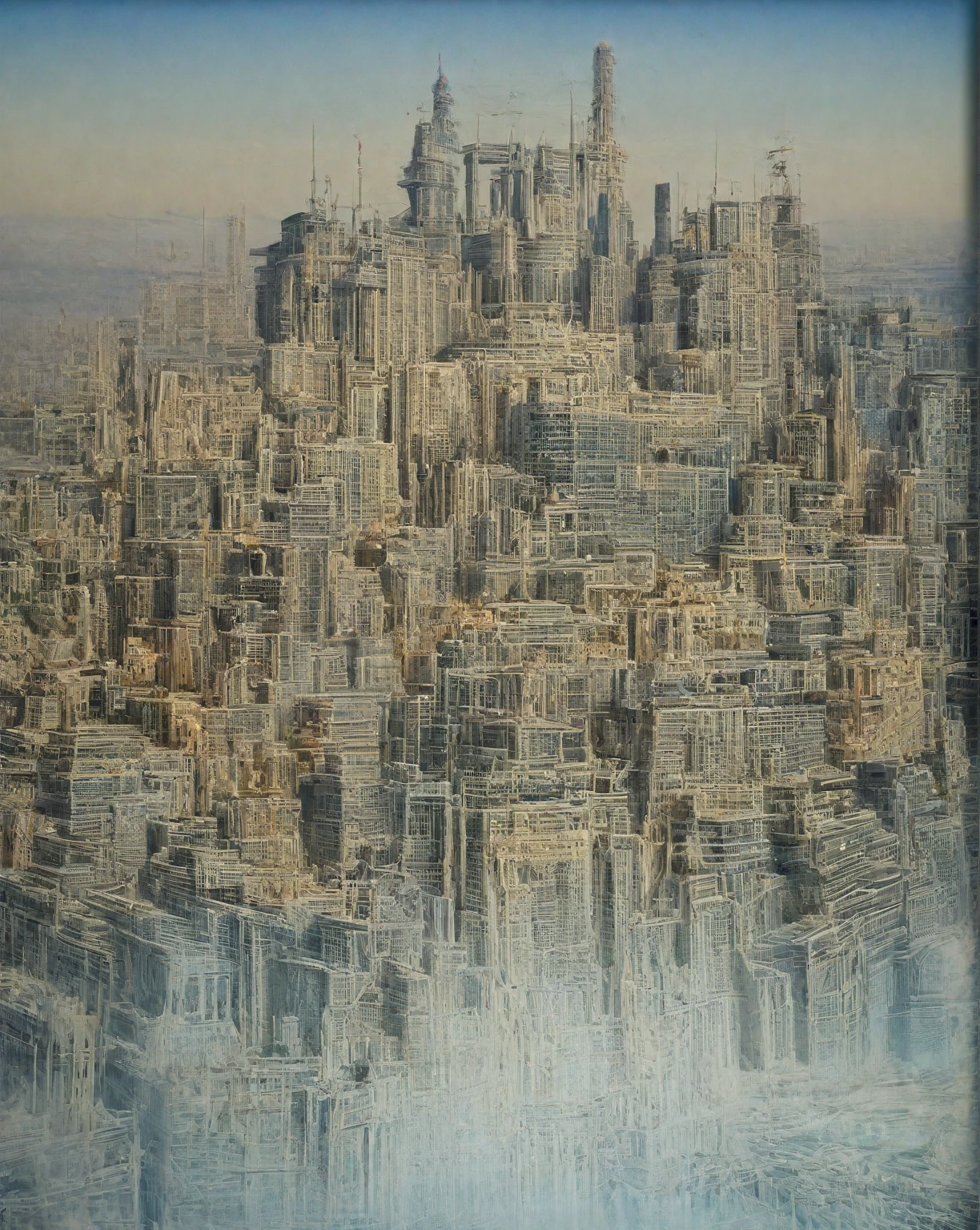 there is a drawing of a city with a clock tower, insanely highly detailed artwork, realistic painting of a complex, complex layered composition!!, expansive detailed layered city, realistic intricate concept art, big and structured valhalla city, multi layered huge architectures, insanely detailed art, atelier olschinsky, intricate cyberpunk city, intricate matte painting, intricate concept art