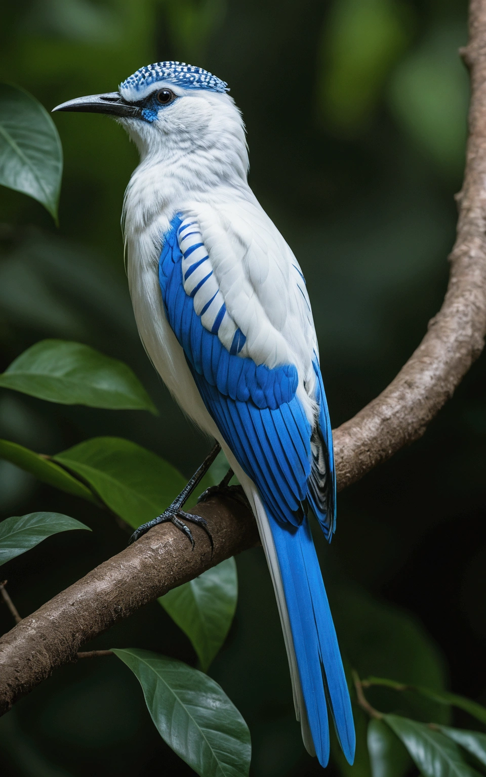 there is a large white blue bird with stripes sitting on a branch with tail, rare bird in the jungle, long tail, very beautiful and elegant, beautiful and elegant, long and elegant tail, captured on canon eos r 6, long tail with, beautiful and graceful, long tails, by Sudip Roy, mischievous look, sitting on a curly branch, high quality nature photography