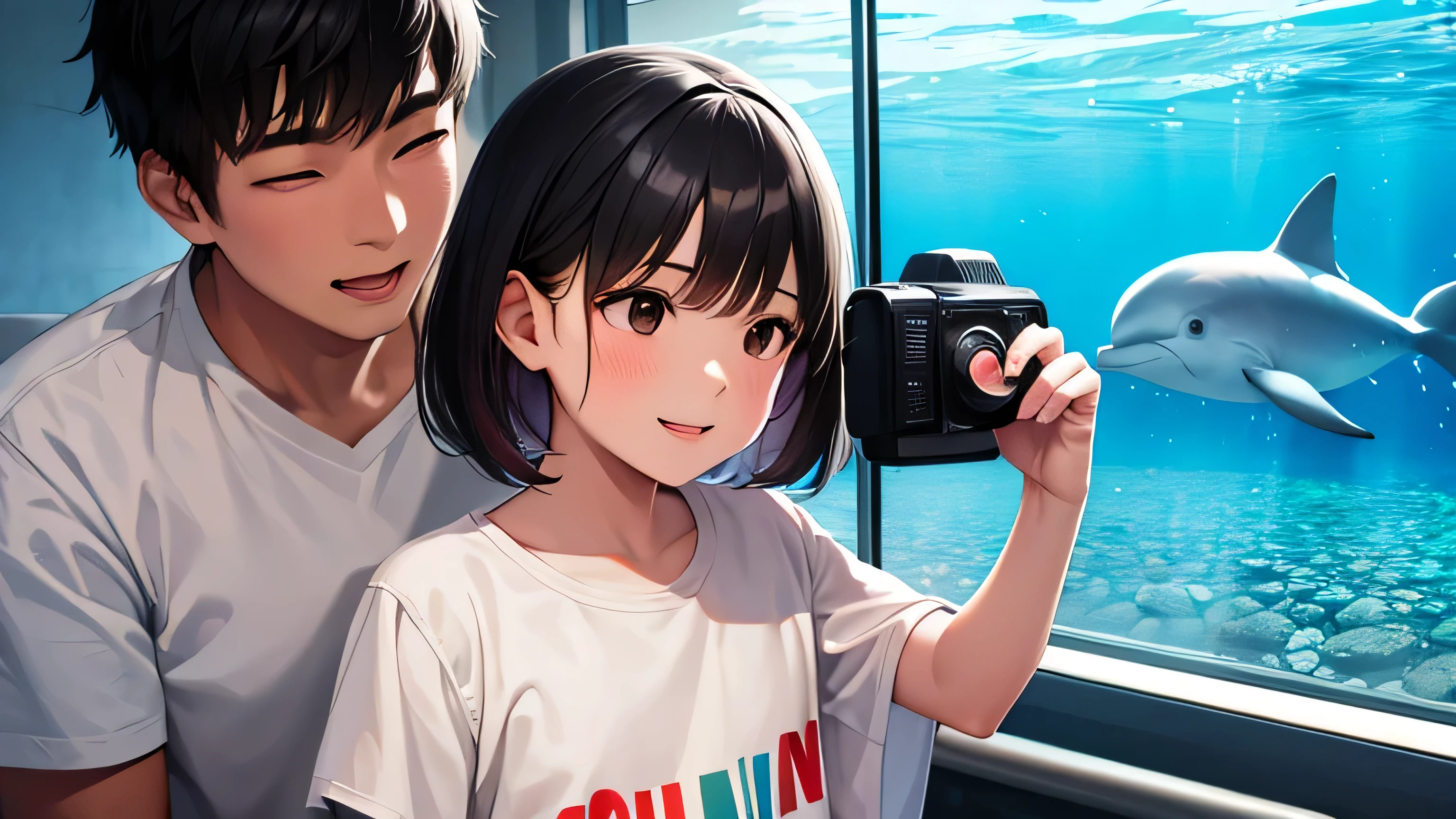 With family during summer vacation、A young boy comes to the aquarium to watch a dolphin show Your smile is cute Next to them, her older sister was filming her younger brother with a video camera, next to their parents.