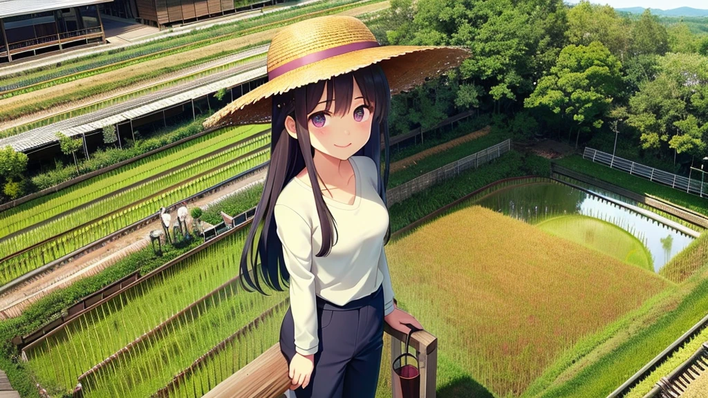View from the summit,Small seedlings growing in rice paddies,Rice cultivation,Rice transplanter,Poor quality work clothes,Long sleeves and trousers,Ai Fukuhara,Purple long hair,Large Breasts,Brown eyes,smile,Straw hat