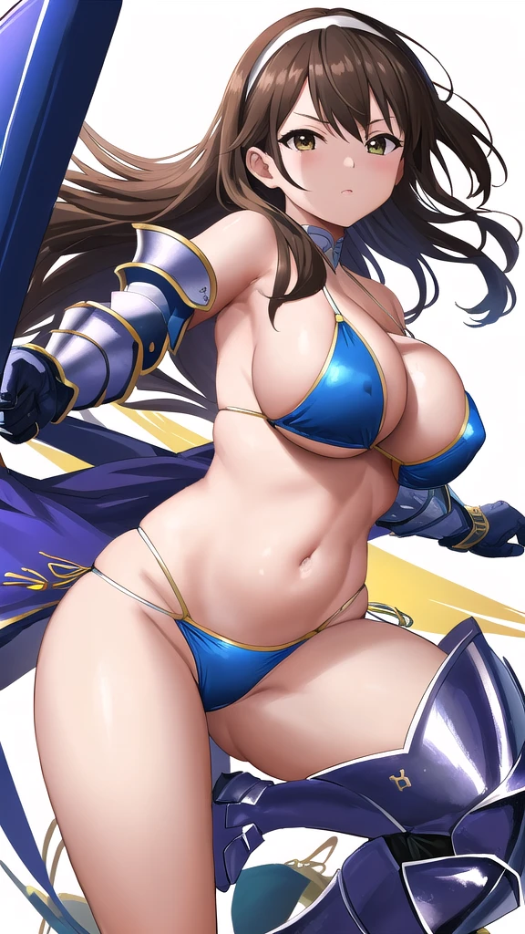 Art inspired by Masamune Shirow, Armor Girl, Bikini Armor, Bikini Armor, Bikini Armor female knight, Bikini Armor, tits, Knight Girl, tits、Intense movement,topless, White thighs,Vertical belly button、Skin radiance,Brown hair,White headband