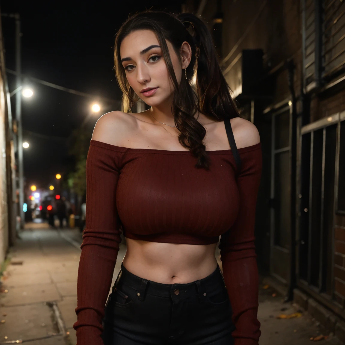Extremely busty thin and toned brunette photographer, college girl, fair skin, loose ponytail, soft face, athletic, tight dark red long-sleeve off-shoulder crop top, black bra straps, black skinny jeans. standing in a dirty alleyway, club, neon, nighttime, darkness, cleavage 