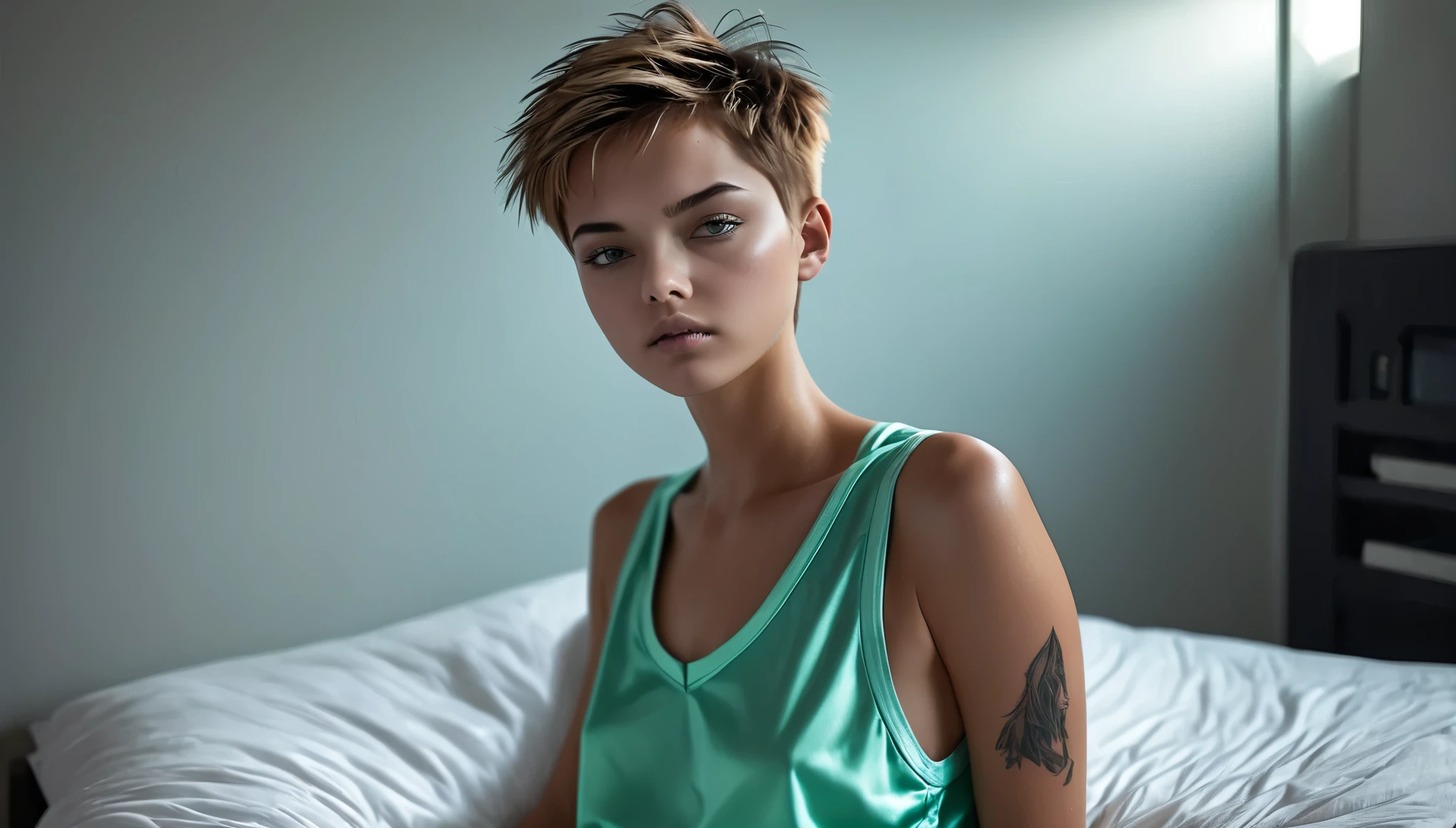 Top Quality, Masterpiece, High Resolution, 8k, ((ager, 16 Y((tomboy girl in short silky oversized huddie with plunging neckline under the armpits und satin shorts, side boob, wide neckline, deep neckline)), (bare belly, small perky breasts, detailed face, detailed eyes, thin eyebrow, detailed lips, small hips, no makeup, some tattoos), ((tomboy, Tomboy Style, tomboyish)), (randowm short hair style, straight hair, short pixie cut hair), (((cyberpunk apartment, on the bed, moody atmosphere, dim light, dramatic and neon colors, futuristic setting, intricate details, at night, random pose, neon colors))), full body view