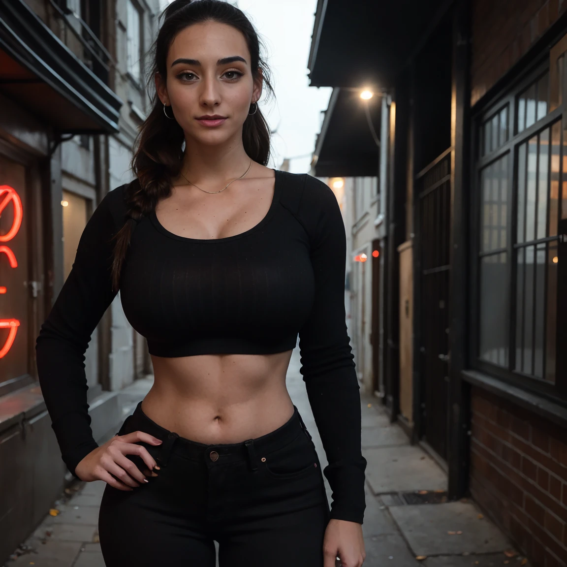 Extremely busty thin and toned brunette photographer, college girl, fair skin, loose ponytail, soft face, athletic, tight dark red long-sleeve crop top, black bra straps, black skinny jeans. standing in a dirty alleyway, club, neon, nighttime, darkness, cleavage