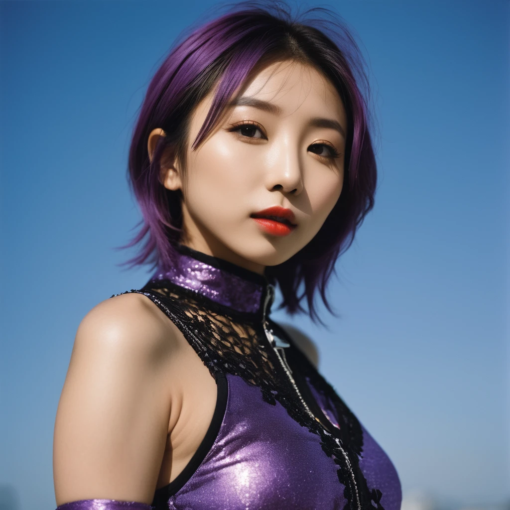 (Upper Body, From below the front), Hasselblad X2D 100C + XCD2,5/55Vf/2, Kodak Professional Gold 200 Film, purple gag,Sharp focus, ((Beautiful young idol face of Japanese model)), ((Minzy&#39;s face in New Jeans: 1.0)), Winged eyeliner, A friendly smile, Dynamic action posing, Shiny bright realistic textured skin, Straight long hair, Wind Storm Turmoil, Film Grain, Tilt Shift, Bokeh, Shallow depth of field, Cinematic, Night view of Yaowarat Road, Vivid sky light, 