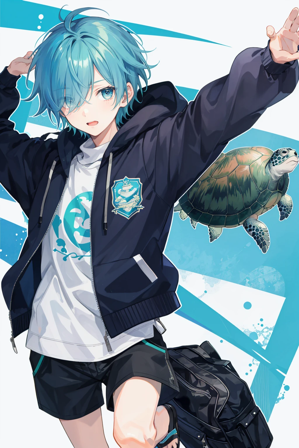 1 boy, , short hair, hair over one eye, aqua hair, flipped hair, turtle neck, cargo shorts, hooded jacket, outstretched arms,