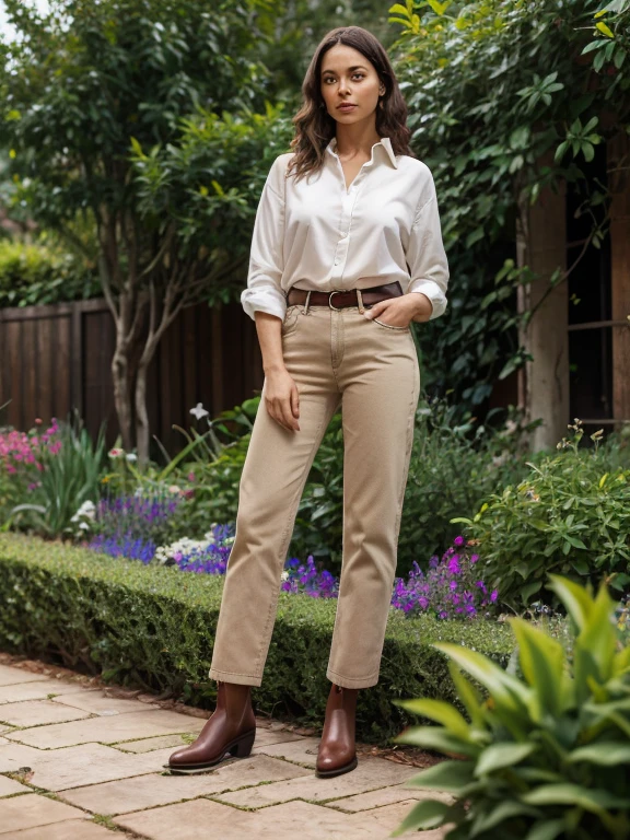 full body shot, feet in view, woman aged 30, standing in garden, RMW_boots, wearing beige pants, wearing white blouse, brownRMW boots, curly lightbrown hair