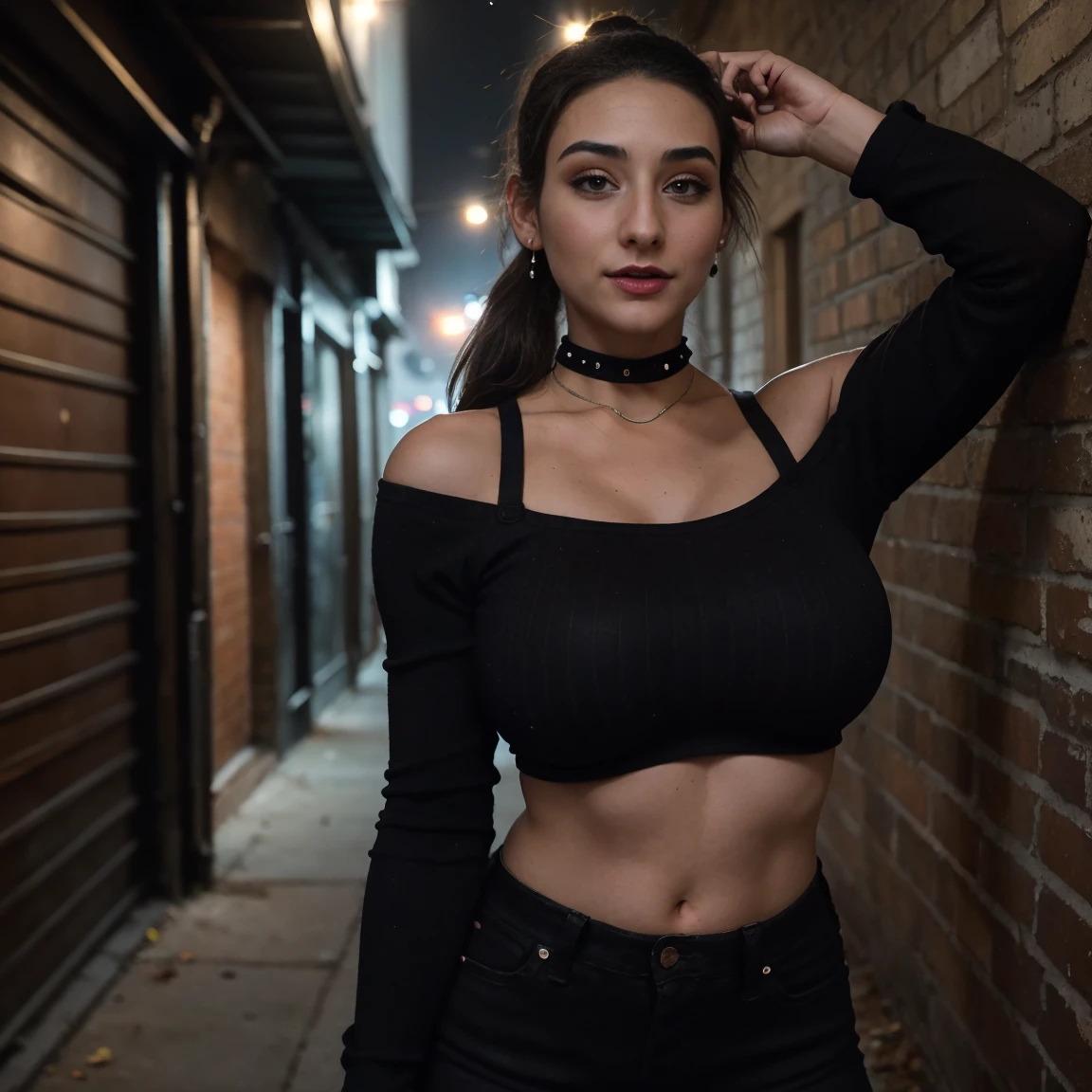 Extremely busty thin and toned brunette photographer, college girl, fair skin, loose ponytail, soft face, athletic, choker, dark makeup, studs, piercings, tight dark red long-sleeve off-shoulder crop top, black bra straps, black skinny jeans. standing in a dirty alleyway, club, neon, nighttime, darkness, cleavage