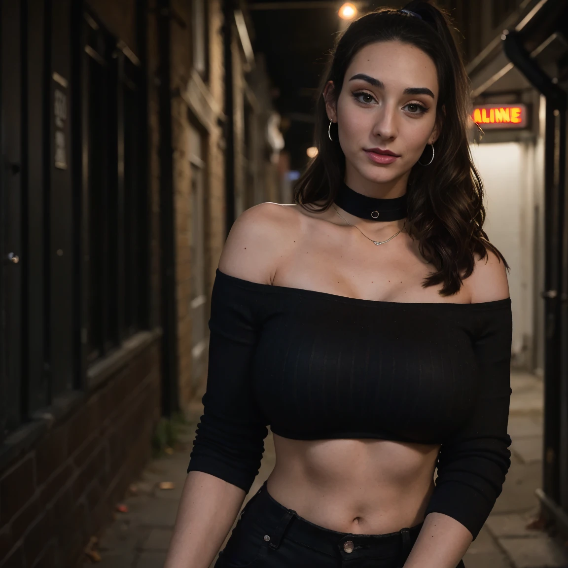 Extremely busty thin and toned brunette photographer, college girl, fair skin, loose ponytail, soft face, athletic, choker, dark makeup, studs, piercings, tight dark red long-sleeve off-shoulder crop top, black bra straps, black skinny jeans. standing in a dirty alleyway, club, neon, nighttime, darkness, cleavage