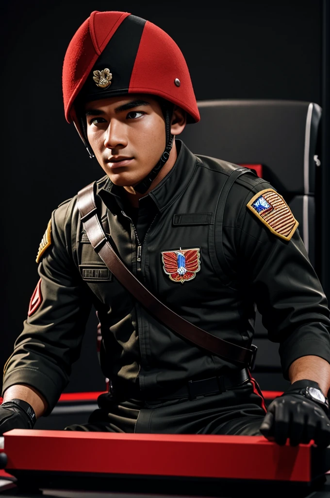 Make a mascot emote for my Twitch channel of a soldier boy playing video games with a black background and a little red