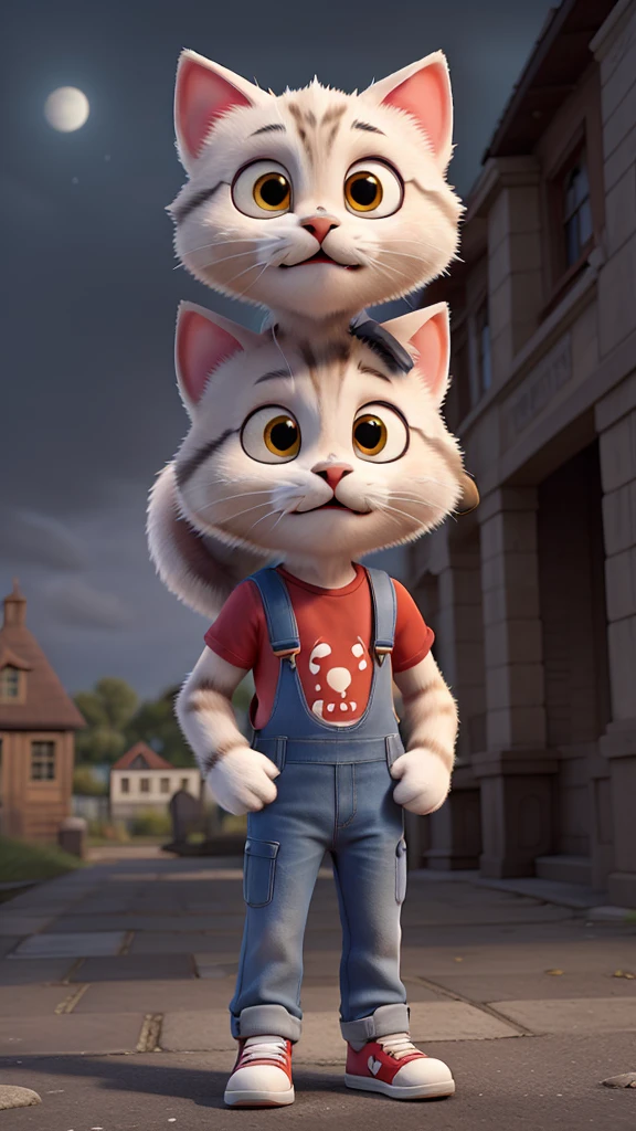 3D cartoon cat, with sleek light grey fur, wearing a red t-shirt, denim overalls, and white sneakers, standing outside a spooky, old library with a dark and cloudy sky.