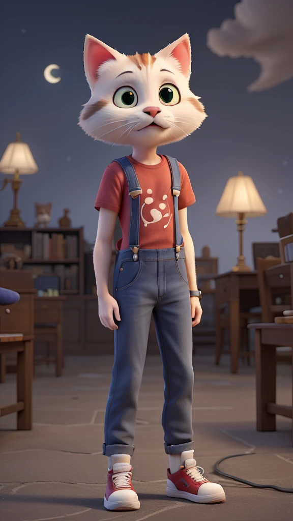 3D cartoon cat, with sleek light grey fur, wearing a red t-shirt, denim overalls, and white sneakers, standing outside a spooky, old library with a dark and cloudy sky.