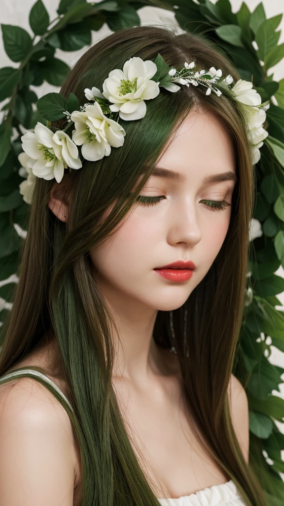 a girl. face sent feeling. Europe. Oval face. long face. delicate facial features. half-closed eyes. seductively seductive. green eyes. Red lips. long straight hair. green hair. wreath on head. shy. big body. simple white dress.