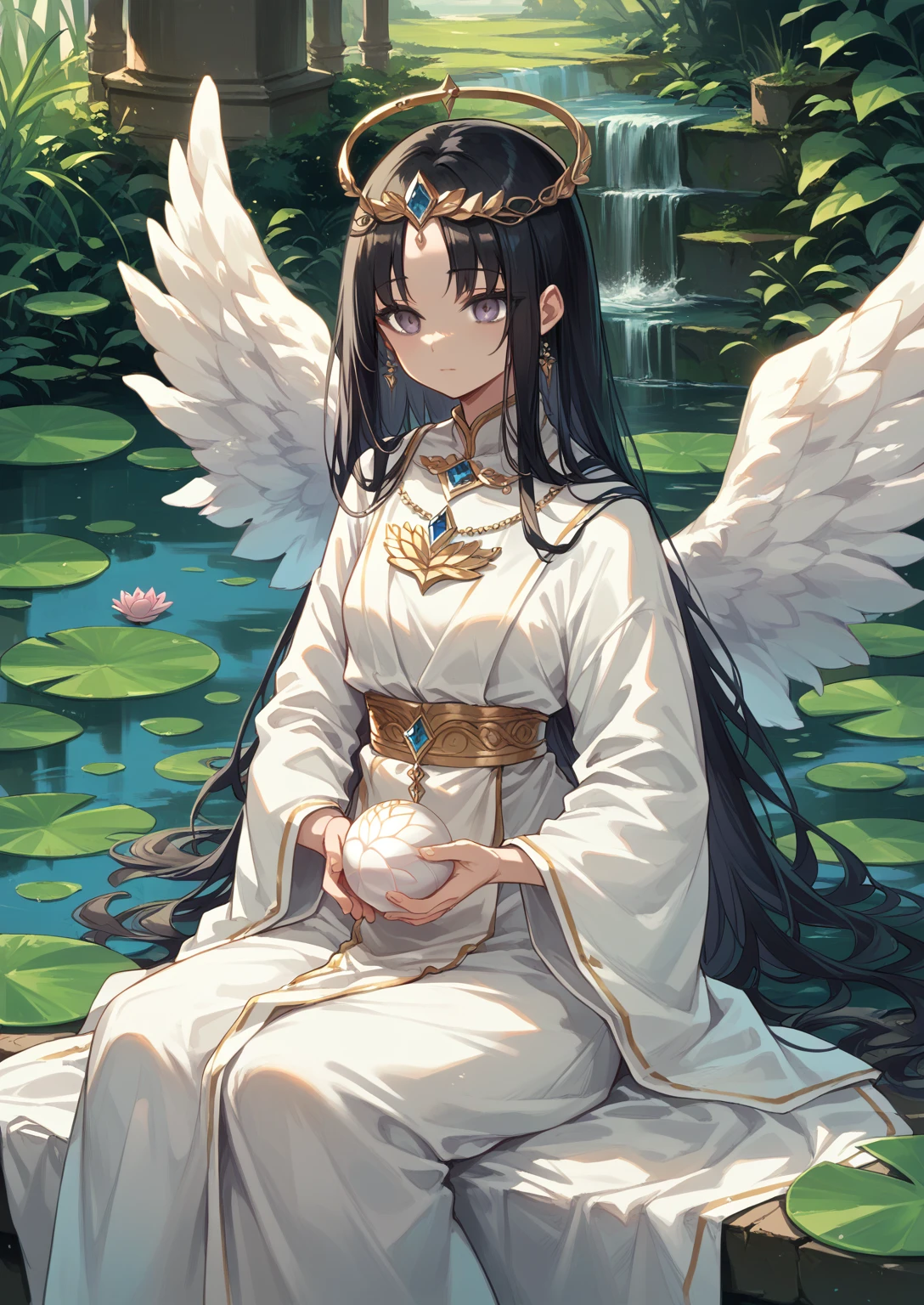 Painting of an angel sitting in a lotus position., Goddess of love and peace, bodhisattva, , queen , meditate , Gray eyes ,black hair , holding a round ball