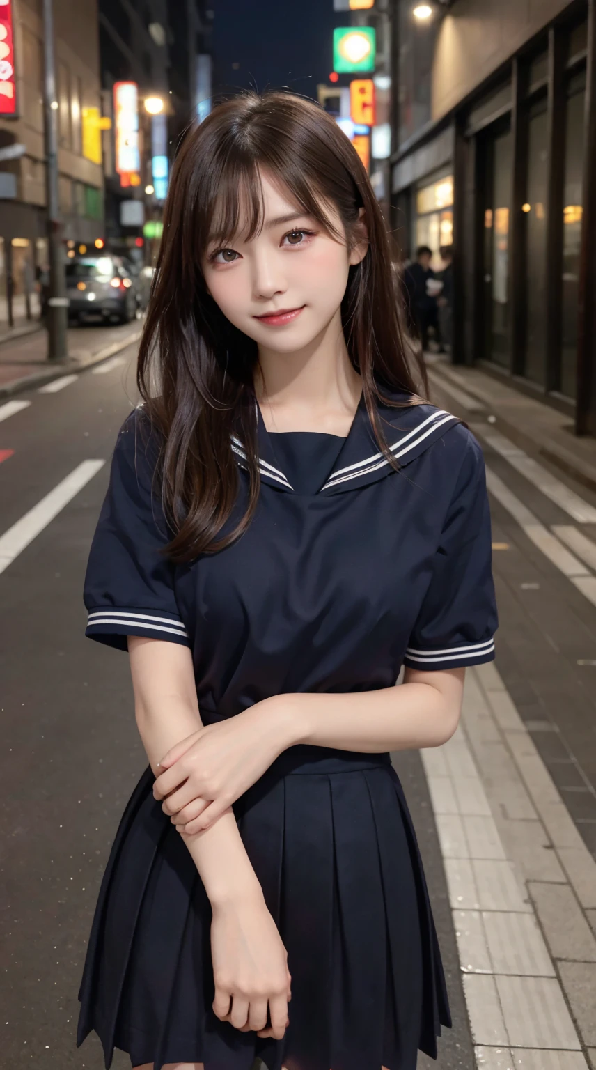 highest quality、table top、8k、best image quality、Award-winning work), one beautiful women、radiant beautiful skin , masterpiece、top-quality、The ultra -The high-definition、depth of fields、lens flare 1 girl、、brown hair, watching at viewers glares, large breasts , Japanese school uniform, short skirt, model pose, smiling , Tokyo street