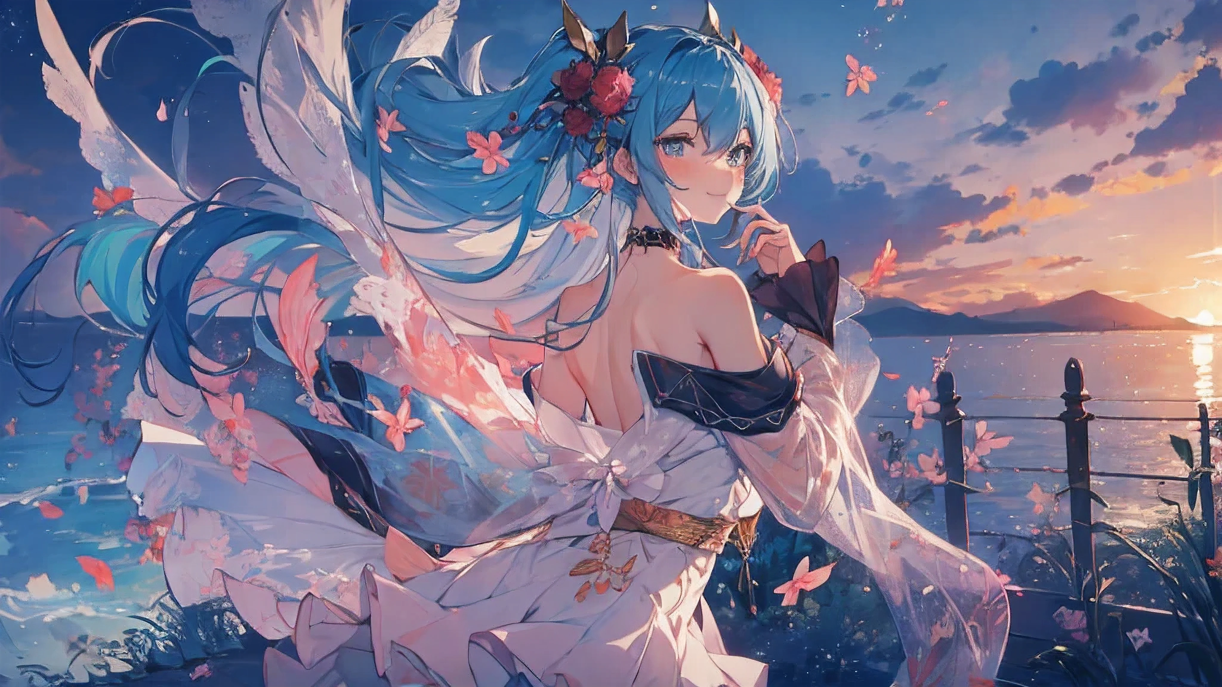 soles, masterpiece, Hatsune Miku, 1 person, solo, hair inhalation, face up, blue sky, glow white particle, (sidelighting:1.2), sun rise , pink cloud, detailed clouds, slender, Lovely small exposed large breasts, super cute smile with teeth, red cheek, blushing, beautiful green hair, magic light, deep shiny blue eyes, cute girly pause, Draw your breasts inward and push them up, choker, extremely beautiful see-through kimono, kimono, from behind, off shoulder, shoulder blades , exposed breasts, green tie ,super detailed beautiful Kyoto view background, sunset view, wide shot, giving peace sign, jumping, fun, full body