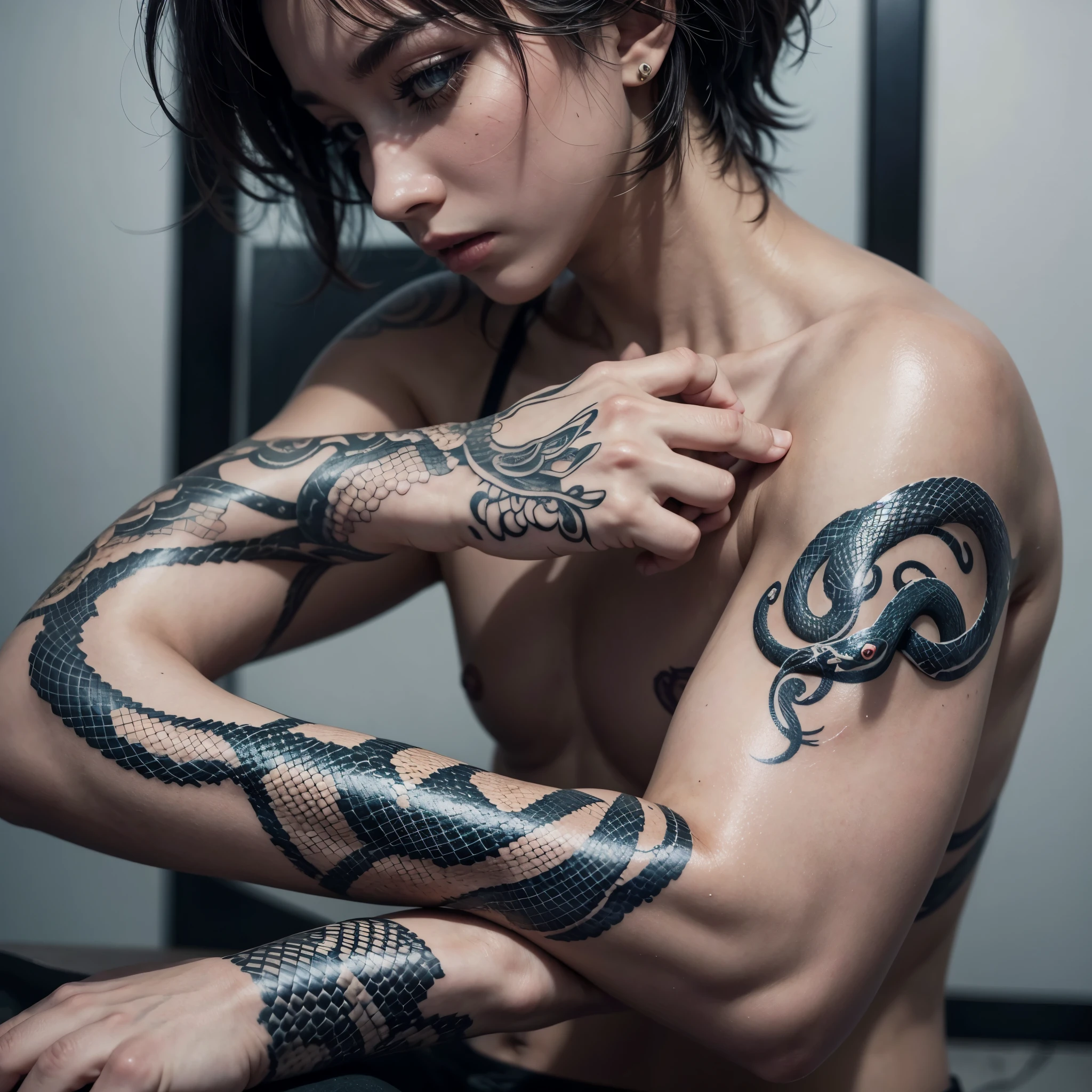 Snake tattoo that coils up the arm until it reaches the hand 