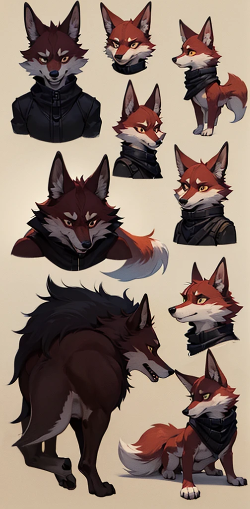 collage style,dark、Depression,Full of weird elements,Red wolf furry,Bow