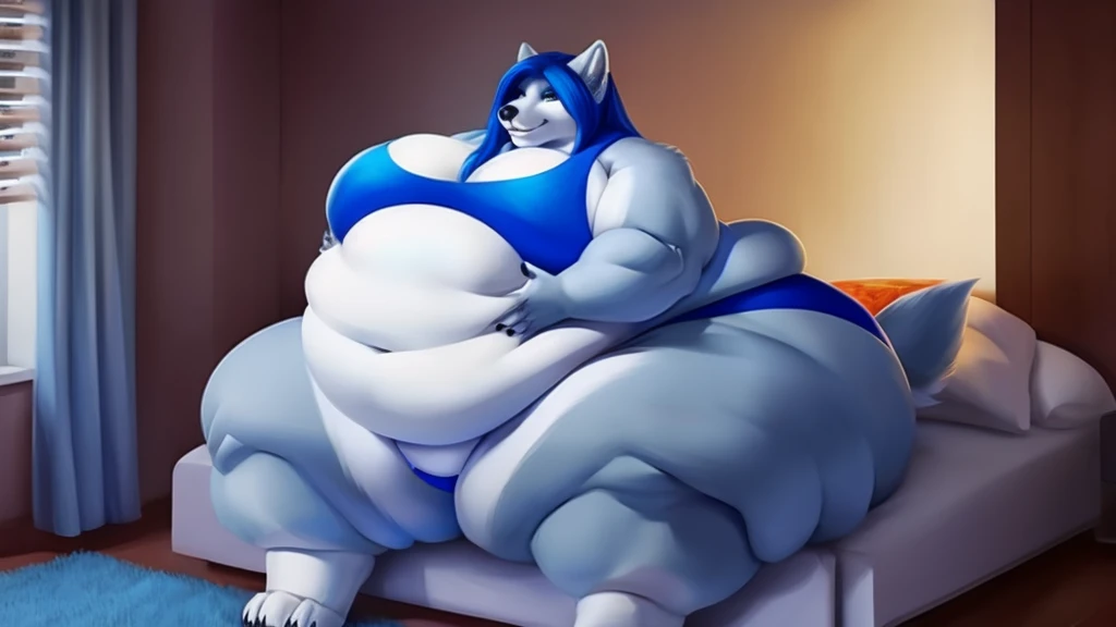 A gorgeous morbidly obese Arctic female wolf sitting in bed, tank to, panties, long hair , huge belly , huge breasts, huge ass,huge thighs